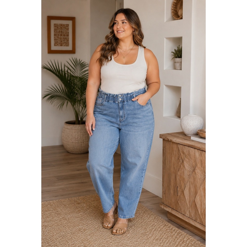P58. Wonderly Womens Paperbag Waist Jeans Medium Wash Straight Leg Plus Size 24W